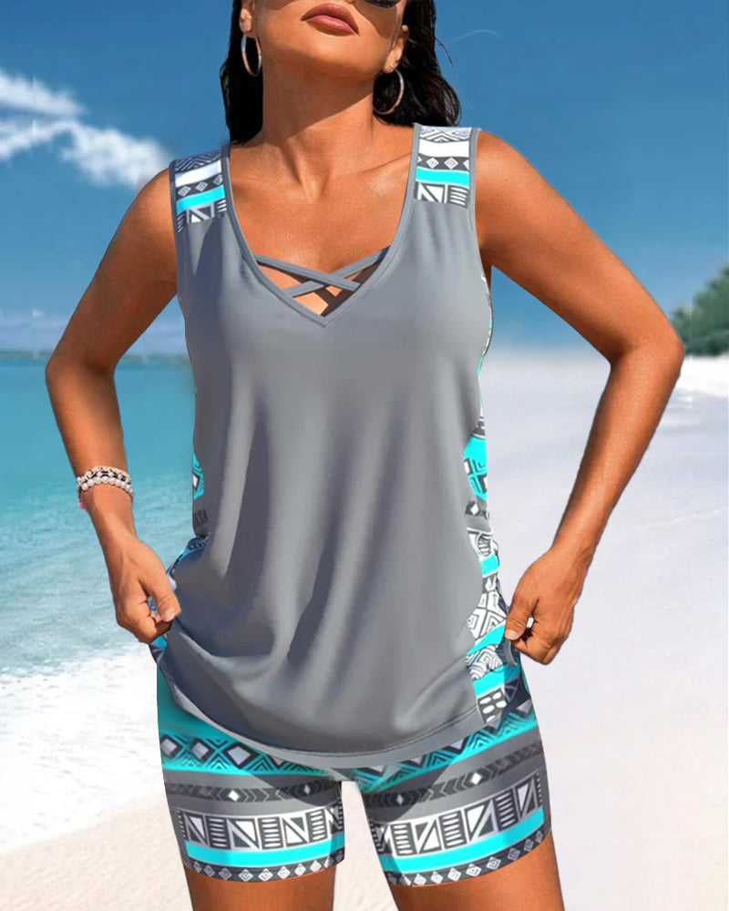 Tankini avec imprimé géométrique et décolleté en V