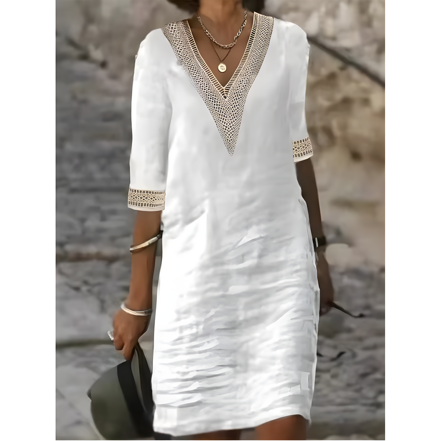 Robe midi à col en V et dentelle contrastante