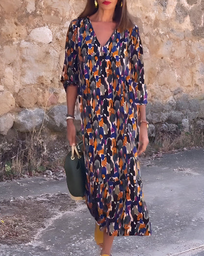 Robe Rétro Imprimée à Col en V
