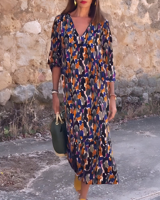 Robe Rétro Imprimée à Col en V