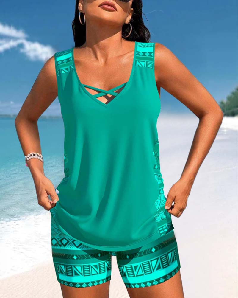 Tankini avec imprimé géométrique et décolleté en V