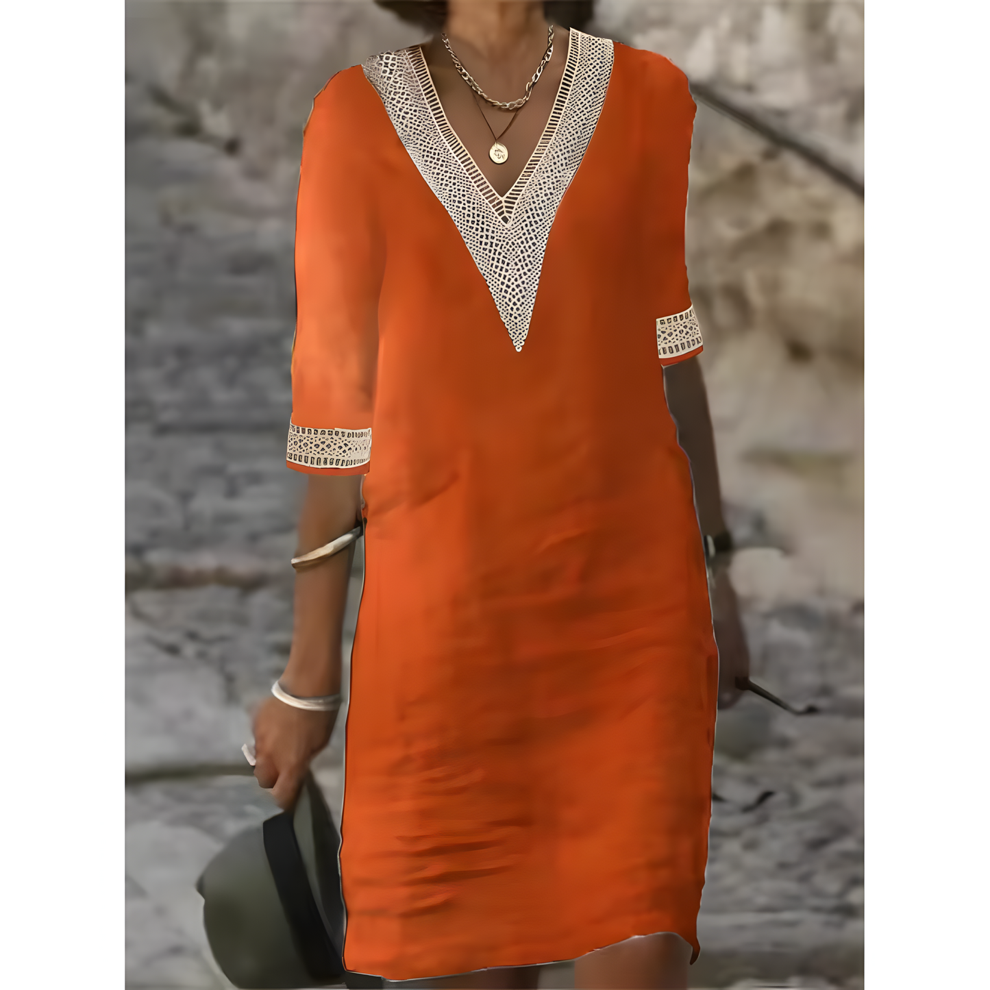 Robe midi à col en V et dentelle contrastante