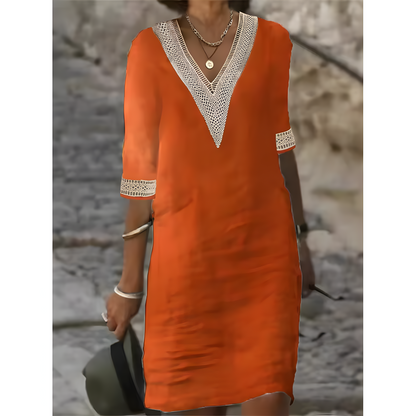 Robe midi à col en V et dentelle contrastante