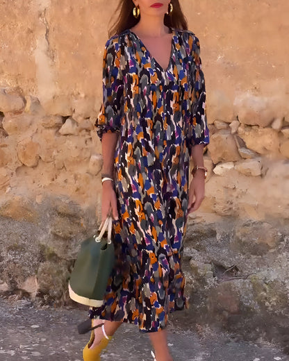 Robe Rétro Imprimée à Col en V