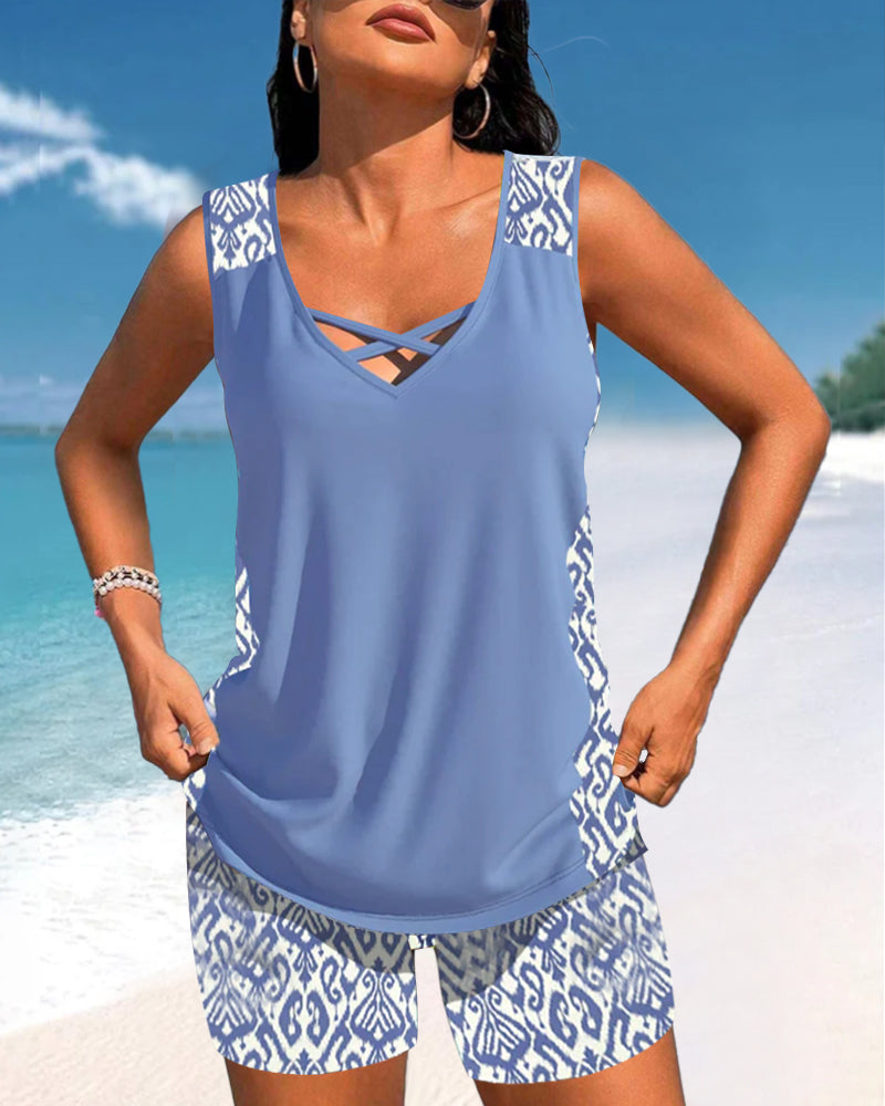Tankini avec imprimé géométrique et décolleté en V