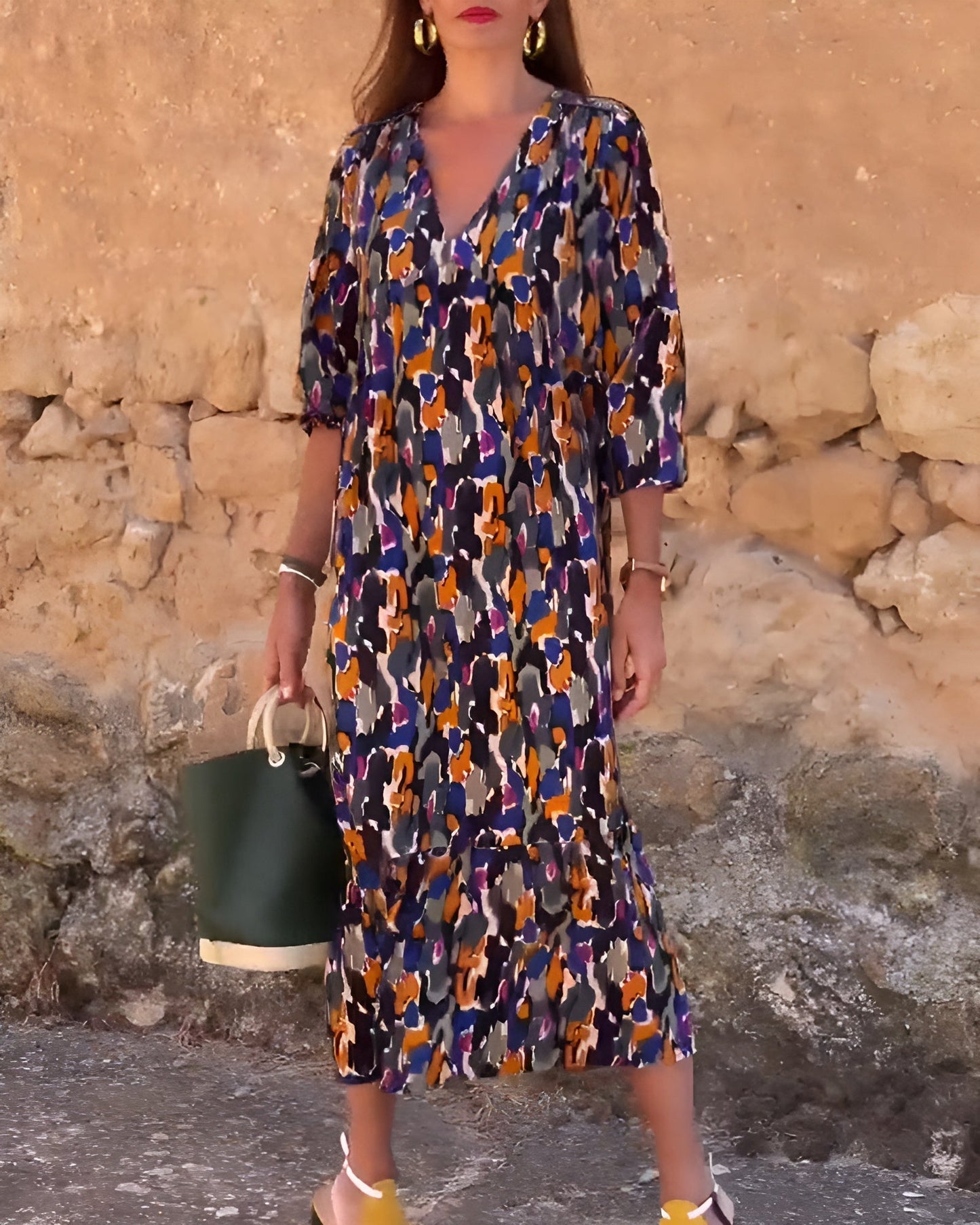 Robe Rétro Imprimée à Col en V