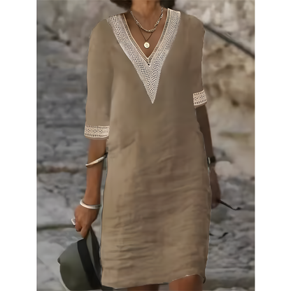 Robe midi à col en V et dentelle contrastante