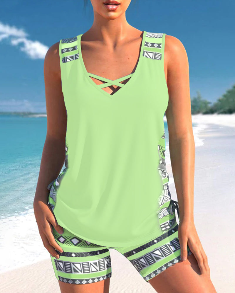 Tankini avec imprimé géométrique et décolleté en V
