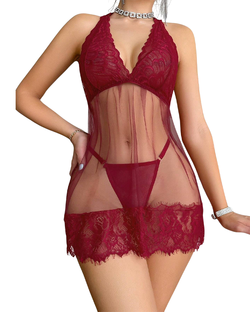 Nuisette à Col Halter en Dentelle avec String