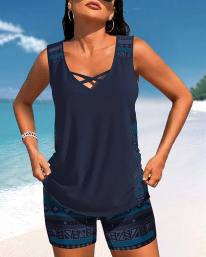 Tankini avec imprimé géométrique et décolleté en V