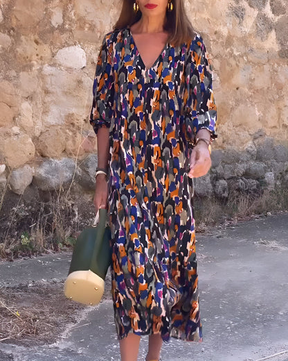 Robe Rétro Imprimée à Col en V
