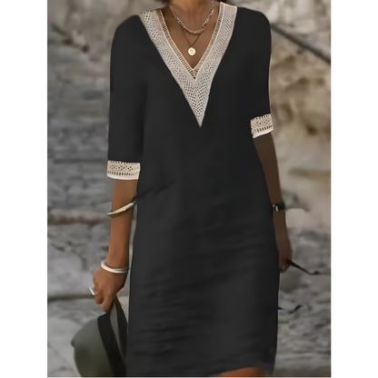 Robe midi à col en V et dentelle contrastante
