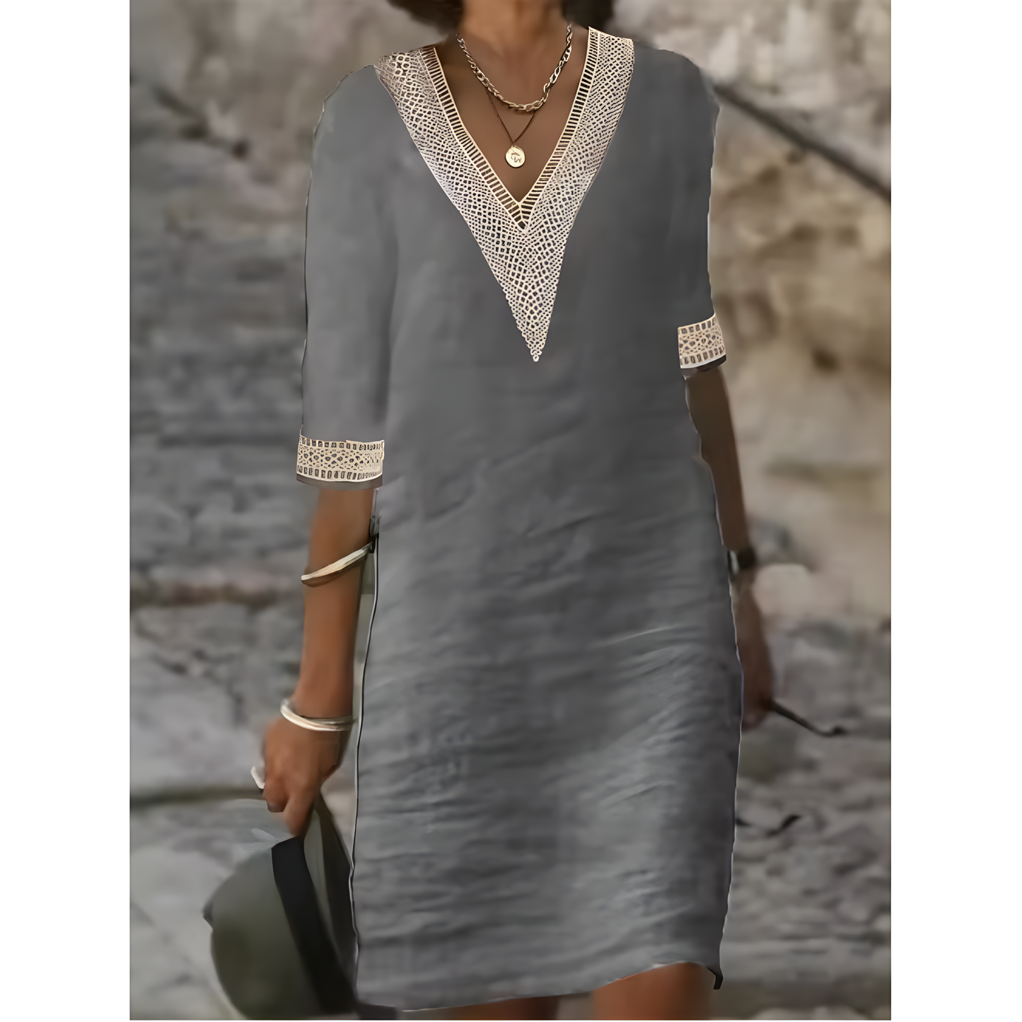 Robe midi à col en V et dentelle contrastante