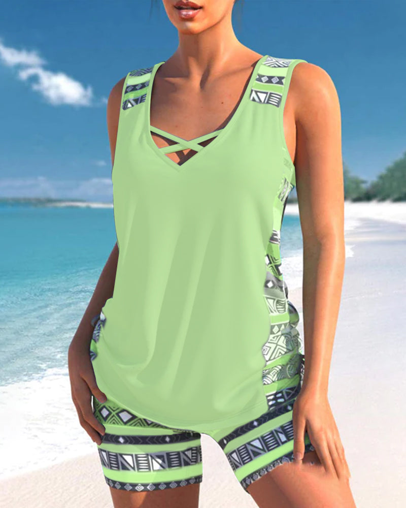 Tankini avec imprimé géométrique et décolleté en V