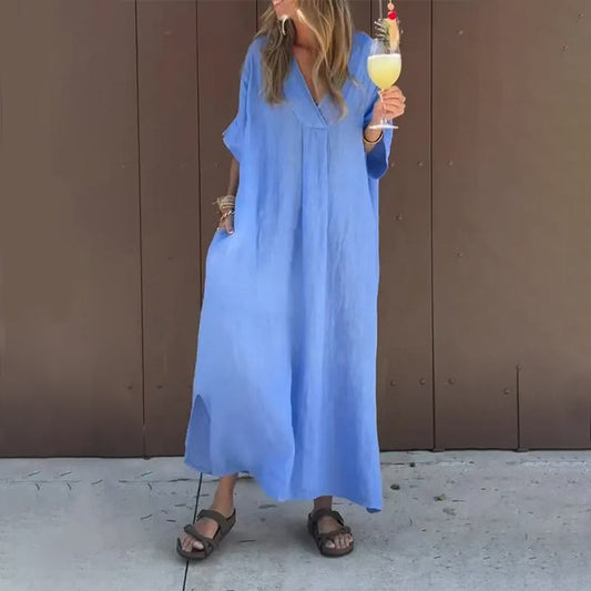Robe en Mélange de Coton avec Décolleté en V